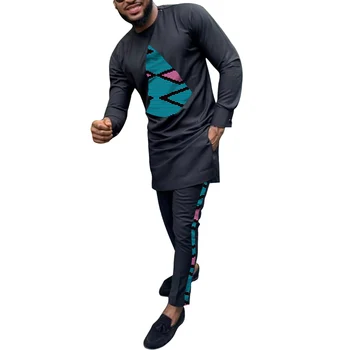 Design negru Dashiki patchwork design shirt și pantaloni adaptate benzi pantaloni seturi de sex masculin mire costume masculine Ankara utilaje