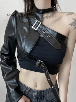 Gotic PU Negru din Piele Geaca de Femei pe Un Umăr Halter Catarama Hip Hop Tinutele de Moda Streetwear Trunchiate Jachete Solid