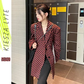 Femei Haină de Lână de Iarnă Casual Nou Stil coreean Liber Portocaliu Roșu Tablă de șah Jachete Supradimensionate Exterior straturi