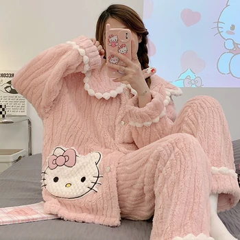 Sanrios Coral Fleece Seturi de Pijama Anime Hello Kittys Pochacco Femei Iarna Cald Pijamale cu Pantaloni Cardigan Tinutele Homewear