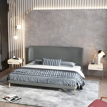 Stil Italian lumină de lux din lemn masiv, pat dublu dormitor matrimonial modern, minimalist, minimalist, de înaltă calitate din piele gri pat