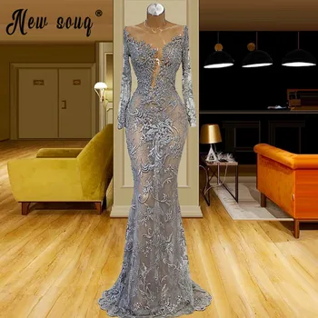 Fierbinte Dubai Mâneci Lungi Gri de Lux Rochie de Seara O-Gât Lace Sirena Femei Formale Rochie de Petrecere 2021 vestido de festa