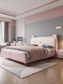 Minimalist Pat pentru Copii, Pat Piele 1,8 m Dormitorul Minimalist Modern Model de Designer Camera Roz din Piele Foi
