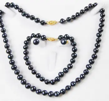 7-8MM Negru Autentic Natural de Perle de Cultură Colier Bratara Cercei Set