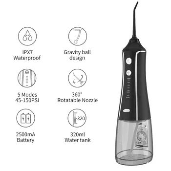 5 Moduri Negru Irigator Oral A13 USB Reîncărcabilă electrice Portabile Dentare Apă se spăla pe dinți Cu Rezervor de Apă 320ml