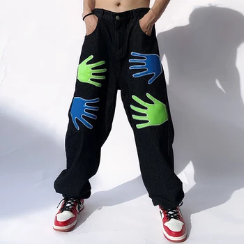 Piele de Mână Scrisoare de Imprimare Uzat Blugi Casual Pantaloni pentru Bărbați de Streetwear Direct Retro Rupt Supradimensionat Vibe Stil de Pantaloni din Denim