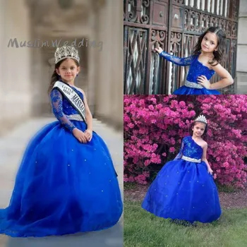 Albastru Regal Printesa De Nunta Rochii Fete Cu Flori Puffy Tutu Pe Umăr Sclipitoare Cristale Copilul Fetițe Concurs De Comuniune