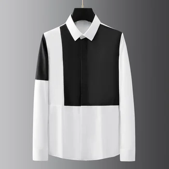 Moda de Brand Nou Alb Negru Geometrice Despicare Camasa cu Maneca Lunga Barbati Camisa Hombre Golan Frumos Tricoul Personalizat Fierbinte