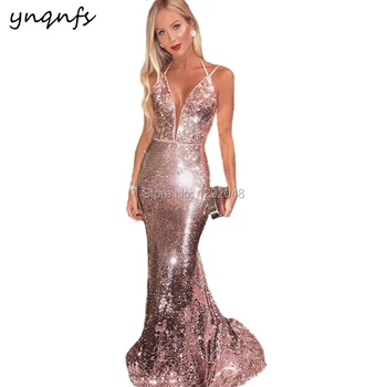 YNQNFS E24 Deschisă Sexy Bust Roz Bling Sequin Rochie de Bal Partid 2019 Mermaid Rochie de Seara Lunga