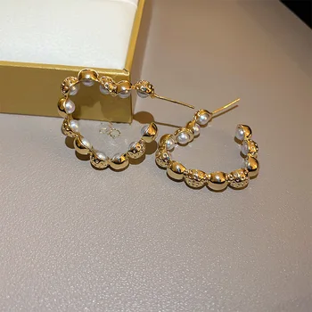 Real Placat cu Aur cu Perla Decorate Inima Hoop Cercei Pentru Femei Simplu Temperament Dragoste Boucle oreille Femme Brincos