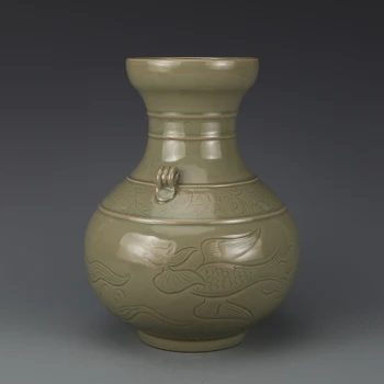 Antic SongDynasty vaza de portelan,YueKiln porțelan de culoare secrete sculptate sticla,Decor Acasă colectare și podoabă