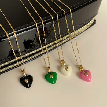 Roz/Negru/Alb/Verde Dragoste Inima Pandantiv Colier Pentru Femei Subțire De Aur De Culoare Lanț În Formă De Inimă Clavicula Lanț De Partid Bijuterii