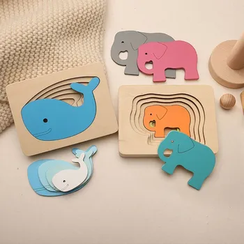 Montessori din Lemn 3D Puzzle Puzzle Jucării Pentru Copii Desene animate pentru Copii de Animale Jocuri de Inteligenta Copii Devreme Jucarii Educative
