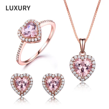 Luxury100%S925 Argint Inima Roz Ridicat de Carbon Pandantiv Colier cu Diamante Inele Cercei Pentru Femei Petrecerea de Nunta Set Cadou