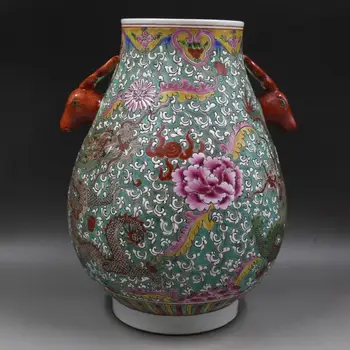 Antic QingDynasty vaza de portelan,Pastel Dragon cerb de sticlă,pictura de Mână meserii, Decorare de Colectare,transport Gratuit