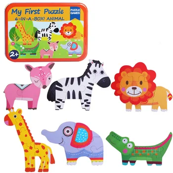 6 In 1 Puzzle-uri pentru Copii Puzzle Jucării de Educație Timpurie de Desene animate de Animale în condiții de Siguranță de Lemn 3D Puzzle Jucării Toddler Cadou Păsări Masini de Pește Jucărie