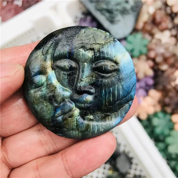 5cm Albastru Natural Flash Labradorit Vindecare Cristale de Piatră prețioasă Pendul Sculptate manual Sun&Moon Fata Meserii Ornament Decor Acasă