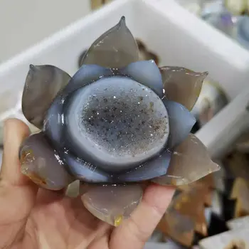 Naturale Agat geode Sculptate floare de lotus de Piatră prețioasă Cristal Decor Figurine