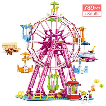 789Pcs Fete Roz Vis de Joacă Serie Roată Blocuri de Constructii pentru Copii Parc de Distracții DIY Cifre Model Cărămizi de Jucărie Cadou
