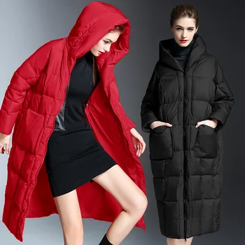Jacheta cu gluga Jos de Iarnă pentru Femei Îngroșat Brand Lung Îmbrăcăminte exterioară Cald Moda Haina Roșie Europeană neajutat Solid în Jos Jacheta