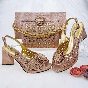Matuer Stil Femei Pantofi si Genti Set 2023 Primăvară Design Nou, Rose de Aur Colr Africane Sandale cu Stralucind de Cristal pentru Petrecere