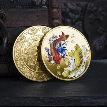 NOI mult Noroc Pentru Tine Chinez Fu Koi Monedă Comemorativă de Culoare Crap Medalie de Aur și Monede de Argint Relief Ambarcațiuni de Metal Insigna Cadou