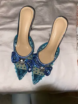 De lux Cristal Transparent din PVC cu Toc Femei Papuci Papion tocuri inalte Catâri Diapozitive Elegant Doamnelor Pantofi de Nunta Petrecere