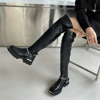 Cizme Negre Platforma Femei Lanț De Metal Peste Genunchi Cizme Punk Indesata Pantofi De Toamna New Rock Pantofi Cu Tocuri Înalte, Botas Largas