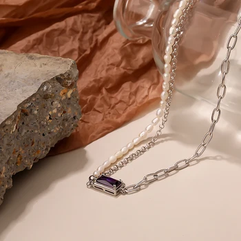 Amaiyllis Argint 925 Vintage Perle Împletit Clavicula Lanț Colier Pandantiv Simplu Violet Cristal Colier Bijuterii