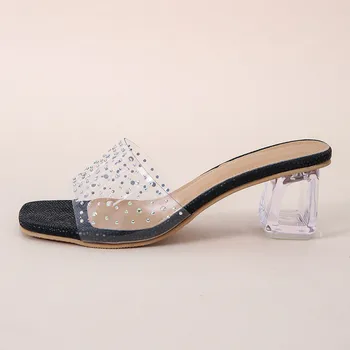 Vara Femeie Sandale PVC Stil Clasic, cu Toc Gros Pietre Bling Bling Deget de la picior Pătrat Papuci de Moda de Cristal Toc Femme Pantofi