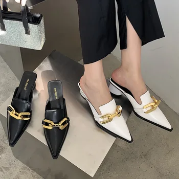 2022 Primăvară Nouă Femei Subliniat Toe Papuci de casă 5cm Alb Bloc Tocuri inalte Aluneca Pe Catâri Pantofi de Brand Doamnelor Slide-uri de Sandale, Pantofi de Bal