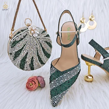 QSGFC Nou Verde Subliniat Flash Diamant Decorative Tocuri inalte, Elegante Si Delicate Petrecerea Doamnelor Pantofi Și Geantă Set