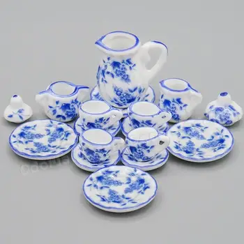 Odoria 1:12 Miniatură 15BUC Albastru China de Ceai din Portelan Set de Ceasca Retro Vesela Ceramica Ceainic Bucătărie casă de Păpuși, Accesorii Decor