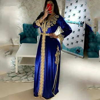 Albastru Marocan Caftan Caftan Musulman Rochii de Seara O-linie V-gât Mâneci Lungi Aplici Dubai arabă Turcia Islamic Abaya Rochie