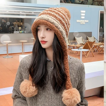 Noua Fata Calde de Schi Brand Mare de Blană Pom Poms Cald pălărie tricot set de Iarna Femei Wool Beanie Hat gros Chelioși Capac de sex Feminin