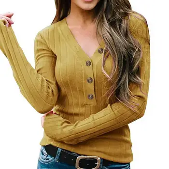 Chic V Gât Culoare Solidă Femei Tricotate Pulover Femei Pulover Ține De Cald Uzura De Zi Cu Zi