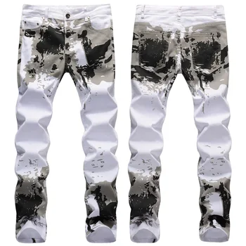 Barbati Blugi De Primavara Alb De Camuflaj Imprimare Elastic Direct Slim Tendință De Moda Pantaloni Lungi Streetwear Mens Blugi
