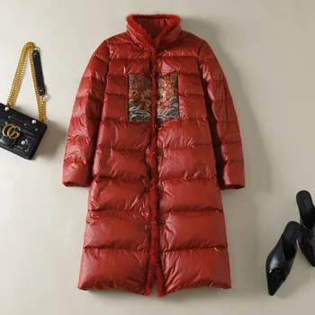 Roșu Gros în Jos Jacheta Femei 2021 Noi Blană de Nurcă Luminos Alb Rață Jos Brodate Mid-lungime Singur Pieptul Feminin Haină Lungă