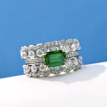 S925 argint bijuterii feminin verde diamant încrustat Europa și America de lux geometrice rând dublu full inel cu diamant întreguri