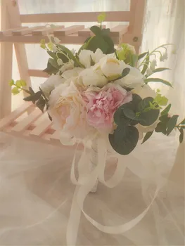 SESTHFAR Elegant Roz Trandafiri Nunta Buchet de Mireasa Flori Pentru Bridemaids Atificial Manual Bujor Mireasa Hoding flori