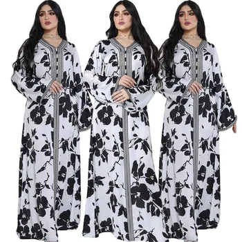 Moda Musulmane Hijab Rochie De Eid 2022 Femei Elegante Flori Negru Panglică Abaya Marocan Caftan Turcia Arabă Islamică Îmbrăcăminte Dubai